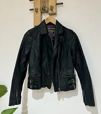 Buy Y2K New Look Vintage Genuine Leather Black Buckle Biker Coat Jacket Size S 10 • 39.95£