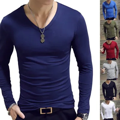 Buy Men's V-Neck Long Sleeve T-Shirt Top Casual Slim Fit T-shirt Fitness Activewear • 8.61£