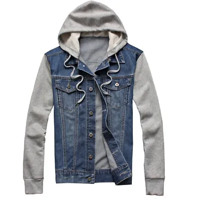 Buy UK Mens Denim Jacket Wash Pullover Hoodie Sweatshirt Jumper Vintage Jean Coat • 18.55£
