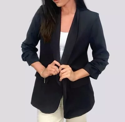 Buy Womens Ladies Ruched Sleeve Fully Lined Blazer Collared Casual Formal Jacket Top • 17.99£