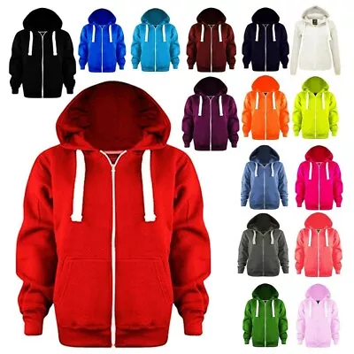 Buy Girls Boys Unisex Plain Colour Zip Up Hoodie Hooded Sweatshirt Kids Zipper Hood • 7.99£