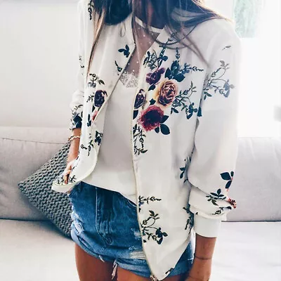 Buy Womens Ladies Retro Floral Zipper Up Bomber Jacket Casual Tops Coat Outwear • 15.58£