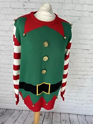 Buy Men's Elf Christmas Jumper Medium Green Red Bells Long Sleeve Knit (C11) • 9.99£