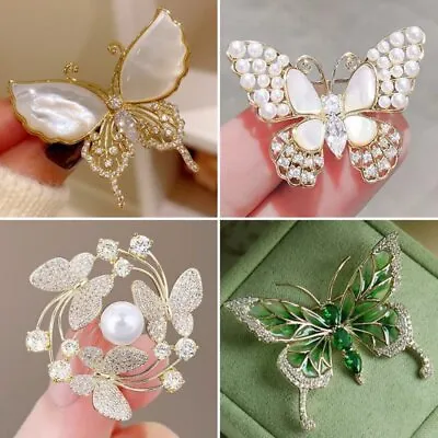 Buy Fashion Pearl Butterfly Crystal Zircon Brooch Pin Women Wedding Jewellery Gift • 3.04£
