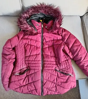 Buy Ladies UK Size 16 Red Burgundy Winter Puffer Coat With Fur Trim Hood • 8.99£