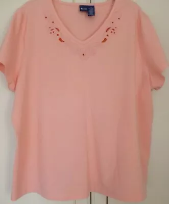 Buy Short Sleeve V Neck Peach Coloured T-shirt With Pretty Cut Out Pattern – Size 2x • 8.99£