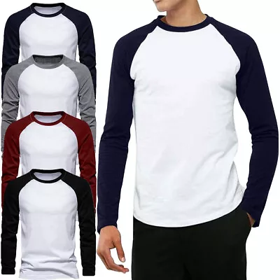 Buy FOTL Mens Contrast Baseball Long Sleeve T Shirt Casual Top 100% Cotton 4 Colours • 5.97£