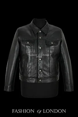 Buy Mens Trucker Leather Jacket Black Classic Lambskin Shirt Style Casual Jacket • 106.92£