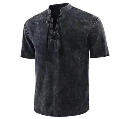 Buy Summer Men V Neck Short Sleeve Plain Shirts Tops Casual Lace Up T Shirt Blouse • 11.55£