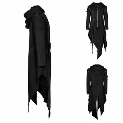 Buy Men Gothic Trench Coat Steampunk Long Irregular Hooded Cardigan Black / • 34.79£