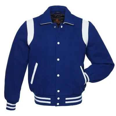Buy Retro Varsity Letterman Baseball Jacket Royal Blue Body White Leather Inserts • 71.99£