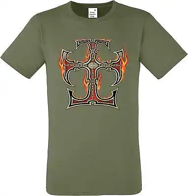 Buy T Shirt IN Olive With Biker Gothic- & Tattoo Motif Model Celtic Cross Flame • 11.68£
