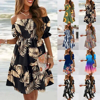 Buy Womens Boho Cold Shoulder Mini Dress Summer Beach Holiday Swing Floral Sundress • 1.89£