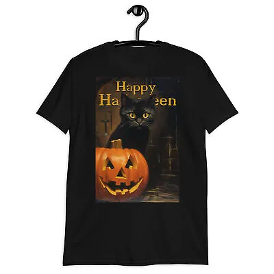 Buy Happy Halloween Timid Cat And Jack O'Lantern Unisex T-Shirt -- New! • 14.20£