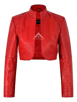 Buy Ladies Elegant Look Real Leather Red Cropped Shrug Bolero Slim-Fit Jacket Ashley • 71.99£