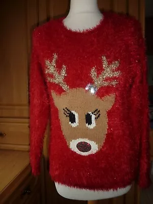 Buy George Knit Christmas Jumper Rudolph Reindeer Girl Age 12/13  Red Multi • 8.50£