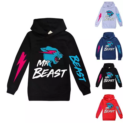 Buy Kids Boys Girls Mr Beast Lightnings Cat Print Hoodies Hooded Pullover Sweatshirt • 12.74£