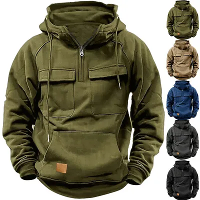 Buy Mens Combat Hoodie Half Zip Long Sleeve Cargo Army Tactical Work Sweatshirt Tops • 5.29£