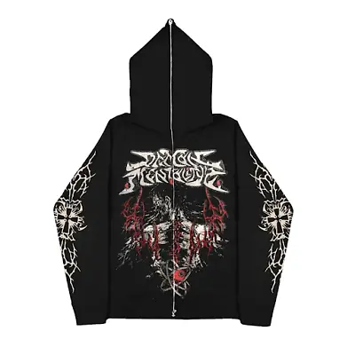 Buy Cyber Y2K Graphic Print Long Sleeve Sweatshirt E-girl Gothic Full Zip Hoodies • 28.86£