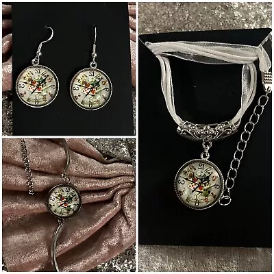 Buy Silver 925 Alice In Wonderland  Earrings Clock Rabbit Jewellery Set Necklace • 17.95£