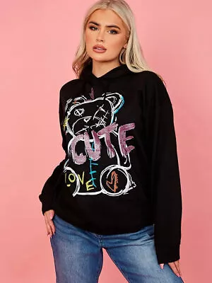 Buy Womens Graphic Teddy Fleece Oversized Hooded Ladies Sweatshirt Hoodie Jumper Top • 13.85£