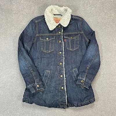 Buy Levis Denim Jacket Womens Small Blue Sherpa Lined Red Tab Trucker USA Lady • 35.99£