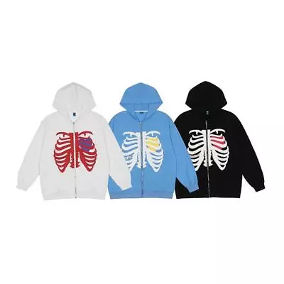 Buy Hot Skeleton Hoodies Gothic Black Zip Up Oversized Sweatshirt Harajuku Hoode • 10.86£