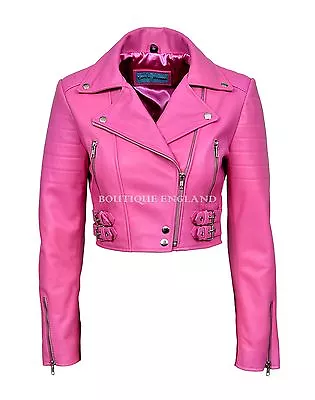 Buy Ladies Short Body Leather Jacket Fuchsia Pink Biker Style 100% REAL LEATHER 5625 • 79.99£