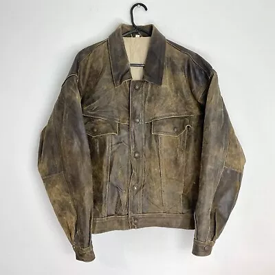 Buy Vintage Real Leather Jacket Mens Brown Biker Trucker Bomber Patina Size Large L • 64.99£