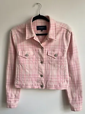 Buy Authentic Luxury BURBERRY Pink Nova Check Cropped Denim Jacket US 6, UK 10 • 142.48£