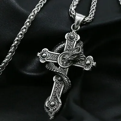 Buy Gothic Mens Dragon Skull Cross Pendant Necklace Stainless Steel Chain Jewelry • 7.89£