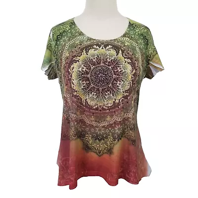 Buy Dressbarn T Shirt Top Large Boho Hippie Rhinestones Short Sleeve Stretch Hi Lo • 10.46£