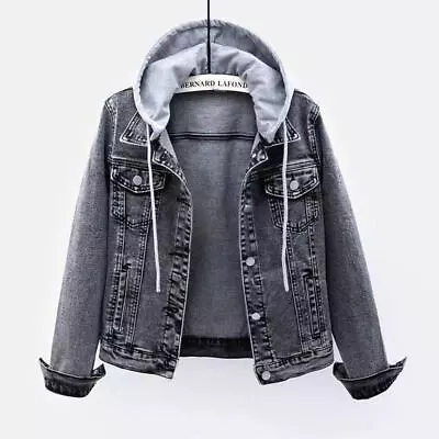 Buy Women Casual Denim Jacket Coat Ladies Hoodies Outwear Hooded Grey Jeans Tops NEW • 27.96£