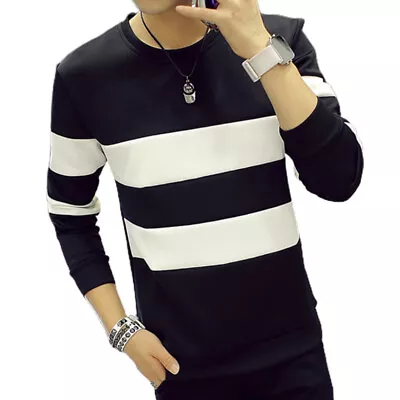Buy Mens Long Sleeve Striped T-shirt Blouse Crew Neck Pullover Casual Tops Tee Shirt • 13.49£
