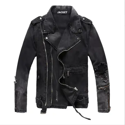 Buy New Mens Punk Ripped Denim Jean Jacket Distressed Biker Motorcycle Coat Rock UK • 65.99£