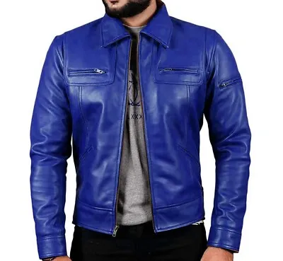 Buy Men Real Leather Jacket Blue Biker Vintage Retro Cafe Racer Slim Fit Jacket Coat • 36.88£