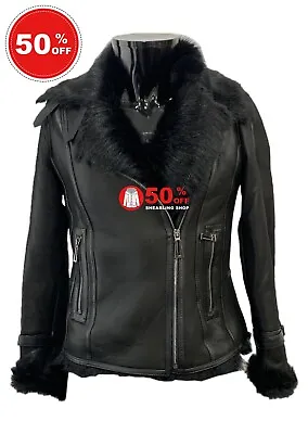 Buy Ladies B3 Shearling Toscana Fur Black Aviator Bomber Sheepskin Leather Jacket • 112.50£