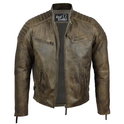 Buy Mens Real Soft Leather Slim Fit Antique Washed Brown Urban Retro Biker Jacket • 94.99£