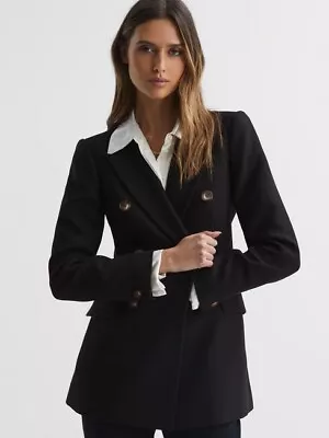 Buy Reiss Laura Double Breasted Twill Blazer Jacket Black Size 8 UK BNWT RRP £298 • 278£