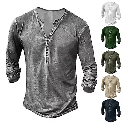 Buy Mens Distressed Henley Shirts Retro Long Sleeve Tee Shirts Casual Washed1T-Shirt • 15.47£