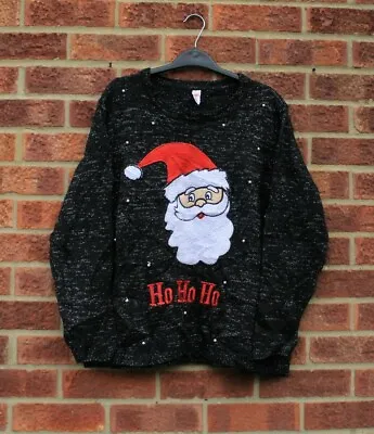 Buy Vtg Black White Red Christmas Jumper Santa Knitted Sparkly Embroidered XL • 13£