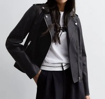 Buy Ladies Black Biker Jacket Size 10 Womens Coat Leather Look  Lined Zipped BNWT£40 • 29.99£