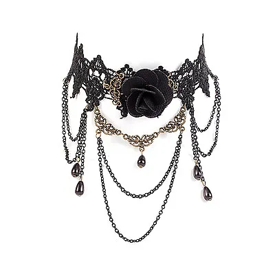 Buy Womens Ornate Steampunk Costume Necklace Cosplay Goth Jewellery - Black Flower • 4.49£