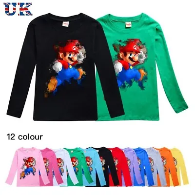 Buy Kids Super Mario Print Casual Long Sleeve T-Shirt Boys Girls Cotton Top Age 2-14 • 9.99£