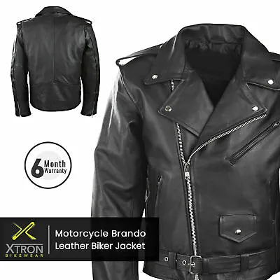 Buy Mens Black Classic Motorcycle Perfecto Brando Marlon Leather Jacket Biker UK • 44.99£