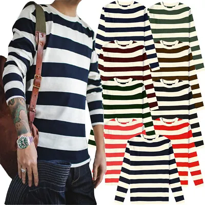 Buy Mens Long Sleeve Stripe T-Shirt New Casual Classic Fit Crew Round Neck Tee Tops • 6.96£