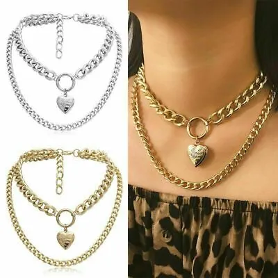 Buy Double Layer Necklace Choker Metal Heart Pendant Punk Thick Chain Jewelry Gift • 2.99£