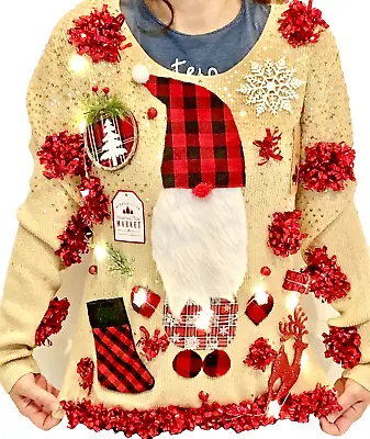 Buy Gnome Ugly Christmas Sweater Santa Contest Tacky Lights Women’s XL • 28.87£