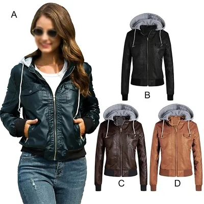 Buy Womens Ladies Biker Motorcycle Hooded Detachable Bomber Real Leather Jacket Coat • 96.50£