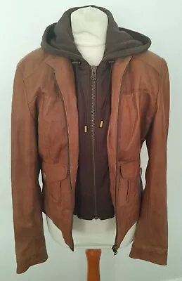 Buy NEXT - REAL LEATHER Jacket Removable Brown Fleece Hood Tan Soft Size 8/10 • 54.99£